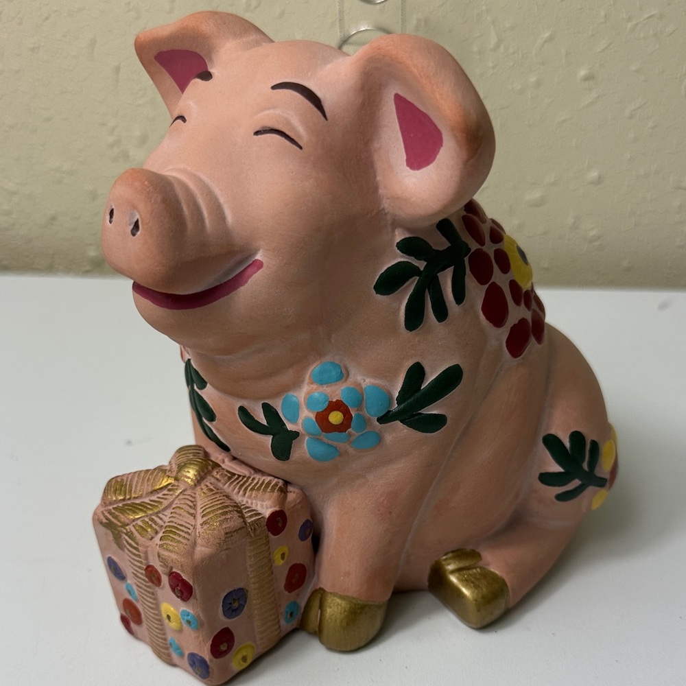 Pig Coin Bank Vintage Terra Cotta Smiling Pig Piggy Bank 1997 Devine Killip - Picture 2 of 9